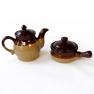 Vintage Two Tone Brown Ceramic Teapot and French Onion Soup Bowl Set